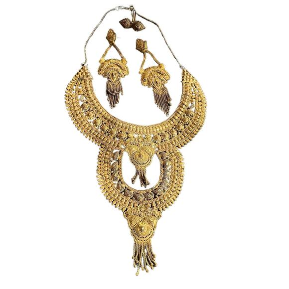 Jewelry Statement Set Necklace Drop Earrings Ring Adjustable Gold Tone - Picture 9 of 15